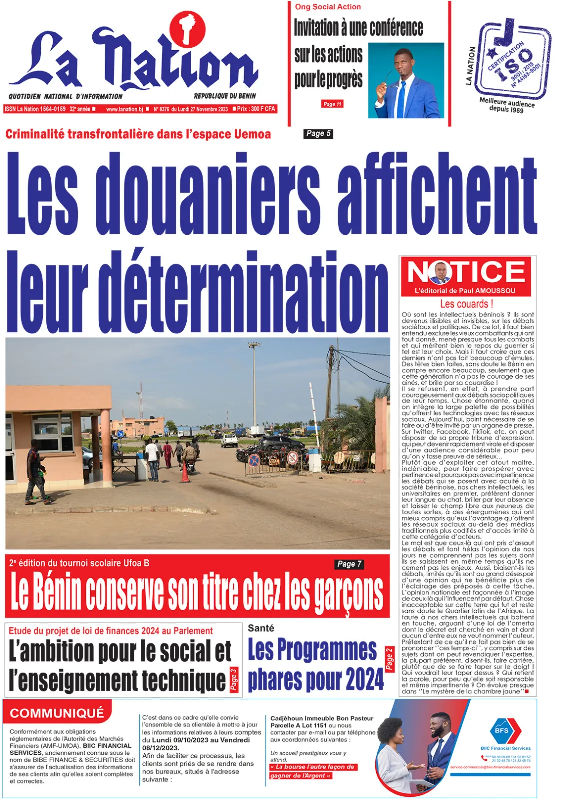 Quotidien ''La Nation'' du 27 Novembre 2023