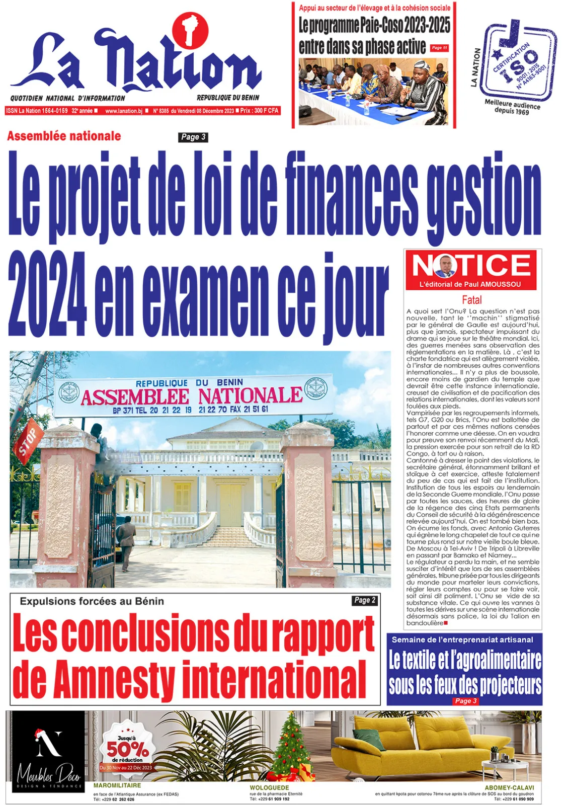 Quotidien ''La Nation'' du 08 Décembre 2023