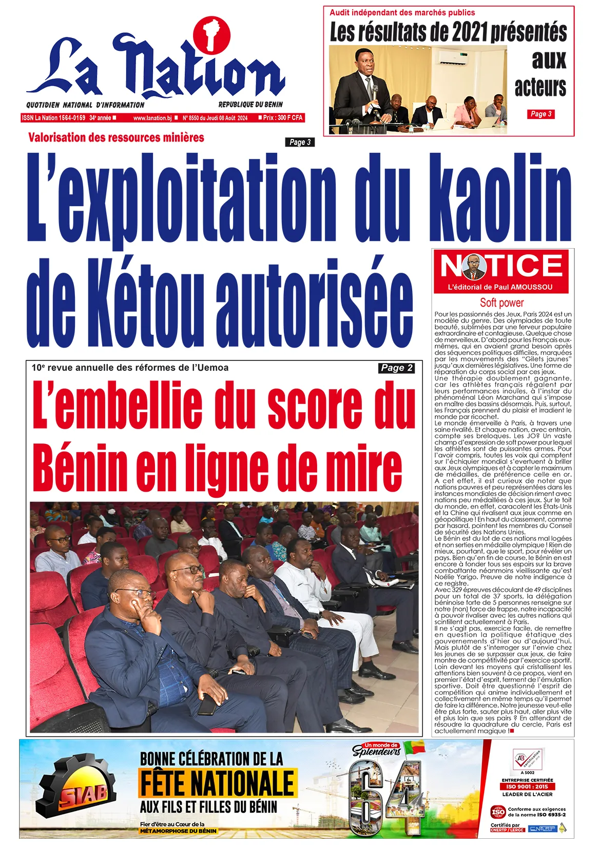 Quotidien ''La Nation'' du 08 Août 2024