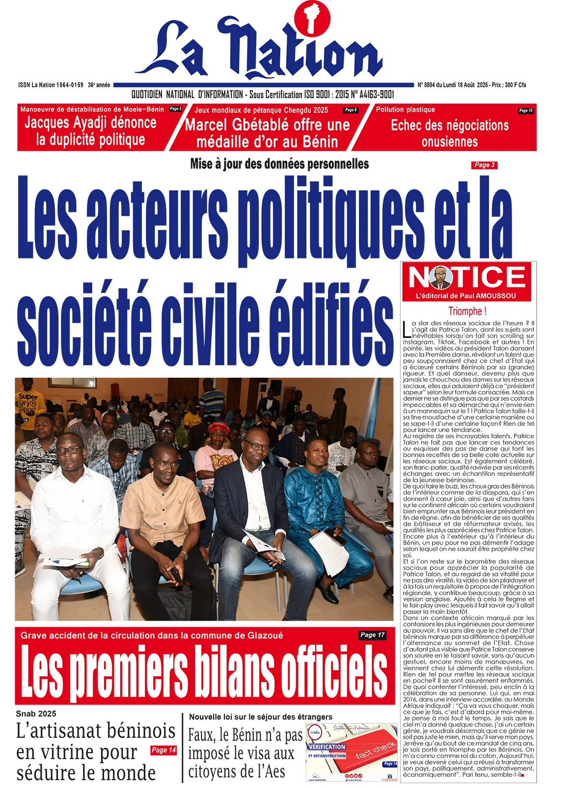 Quotidien '' La Nation '' du 18 Août 2025
