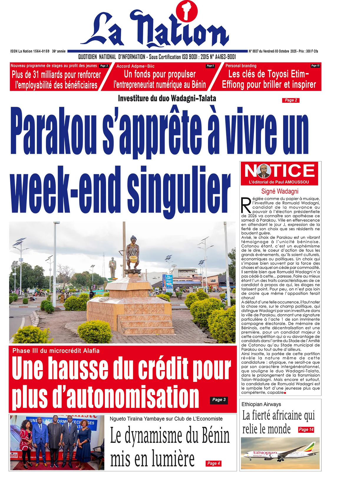 Quotidien '' La Nation'' du 03 Octobre 2025