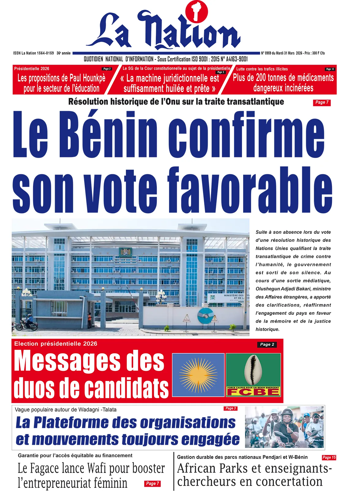 Quotidien '' LA NATION '' du 31 Mars 2026