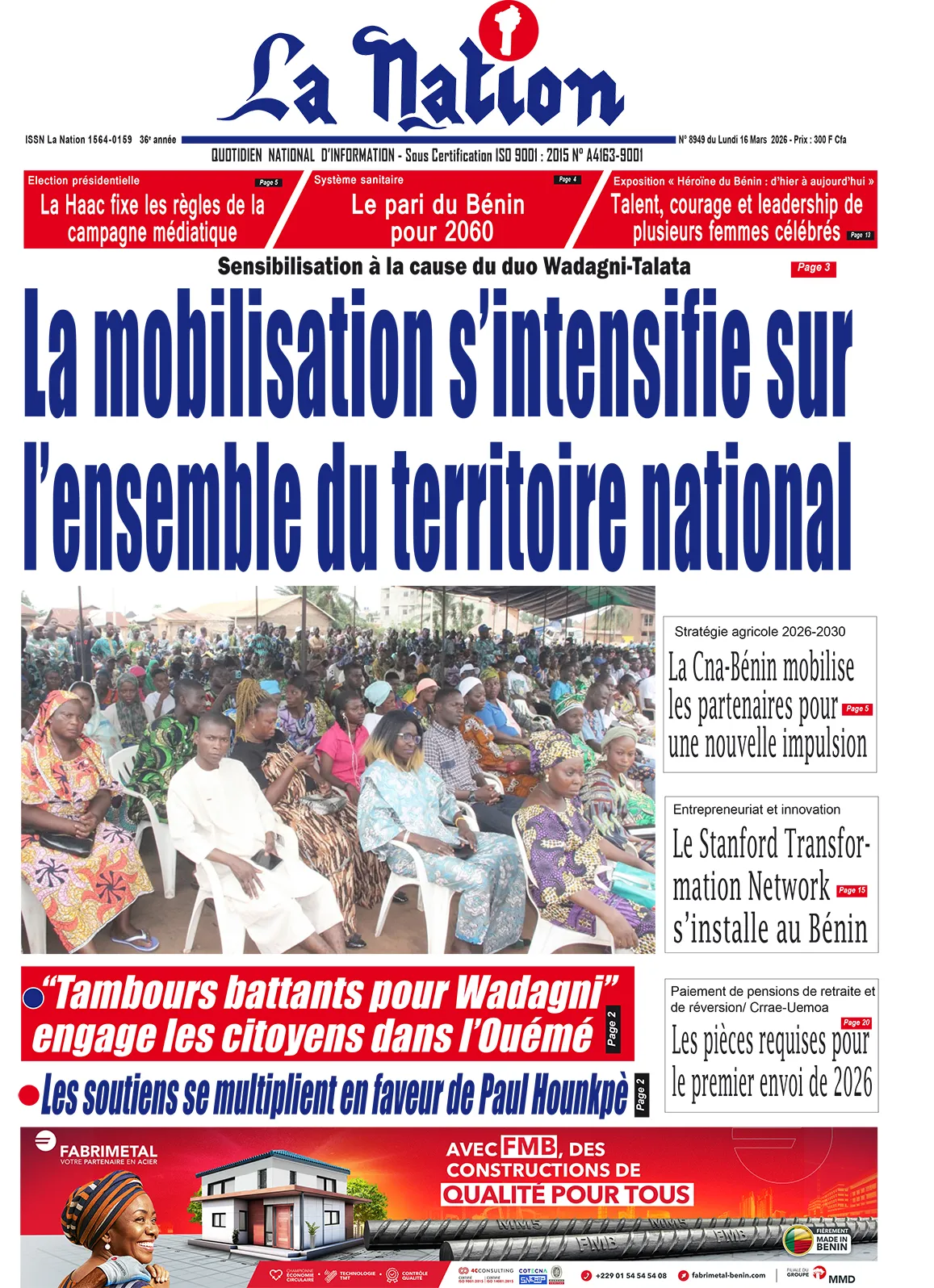 Quotidien '' LA NATION '' du 16 Mars 2026